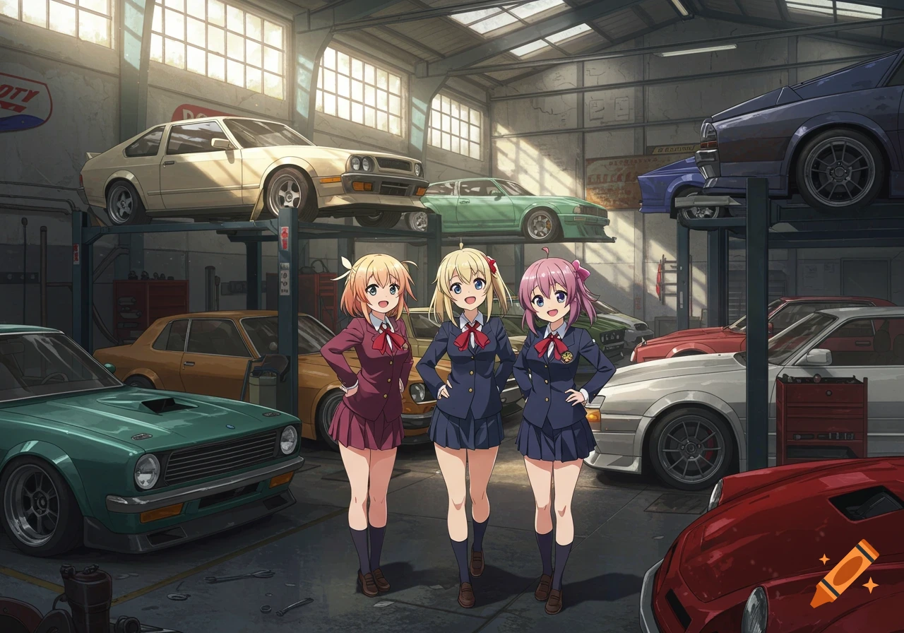 Three smiling anime girls in school uniforms stand in a garage surrounded by various classic and custom cars.
