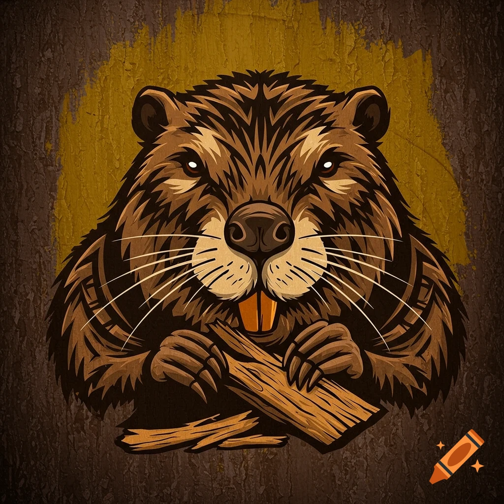 Stylized tribal illustration of a beaver with large incisors chewing a piece of wood against a textured background.