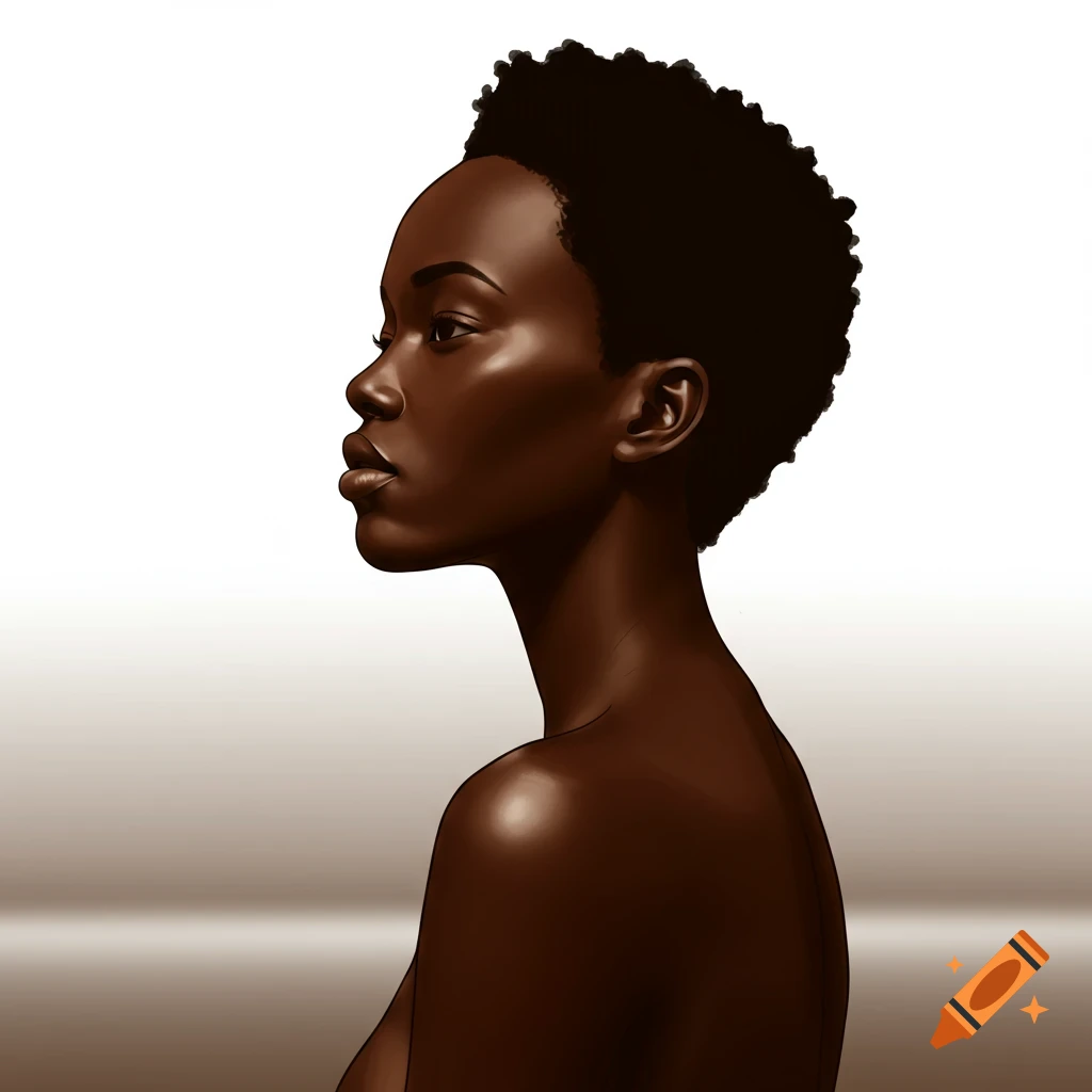 Profile of a dark-skinned woman with short curly hair, bare shoulders, against a minimalist background.