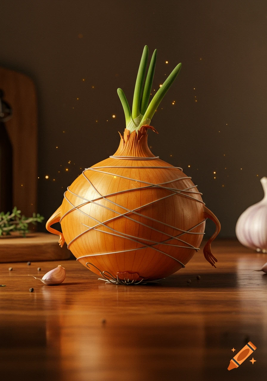 A stylized golden onion with green sprouts, wrapped in thin silver wires, sits on a dark wooden table with garlic and spices.