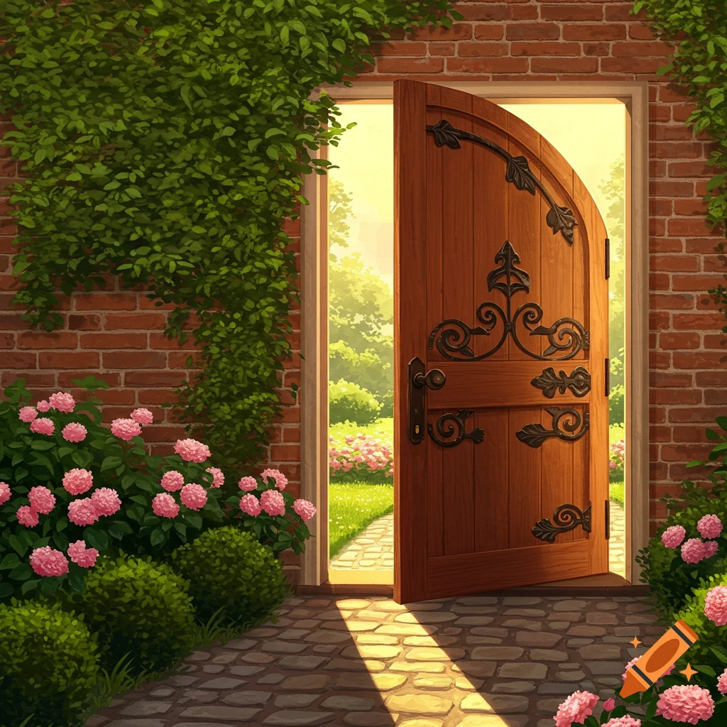 An ornate wooden door in a brick wall opens to a sunny garden with pink flowers and green foliage, rendered in an illustrative style.