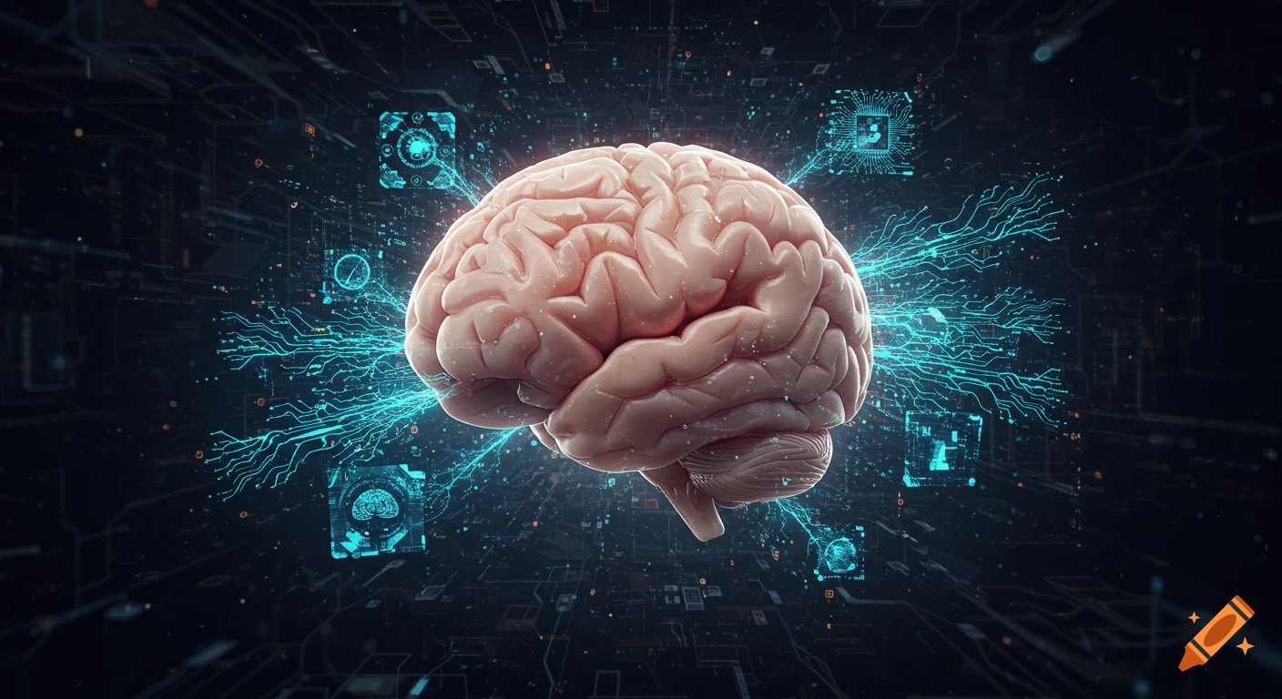 A human brain at the center of glowing blue futuristic AI circuits and holographic neural patterns on a dark background, concept art.