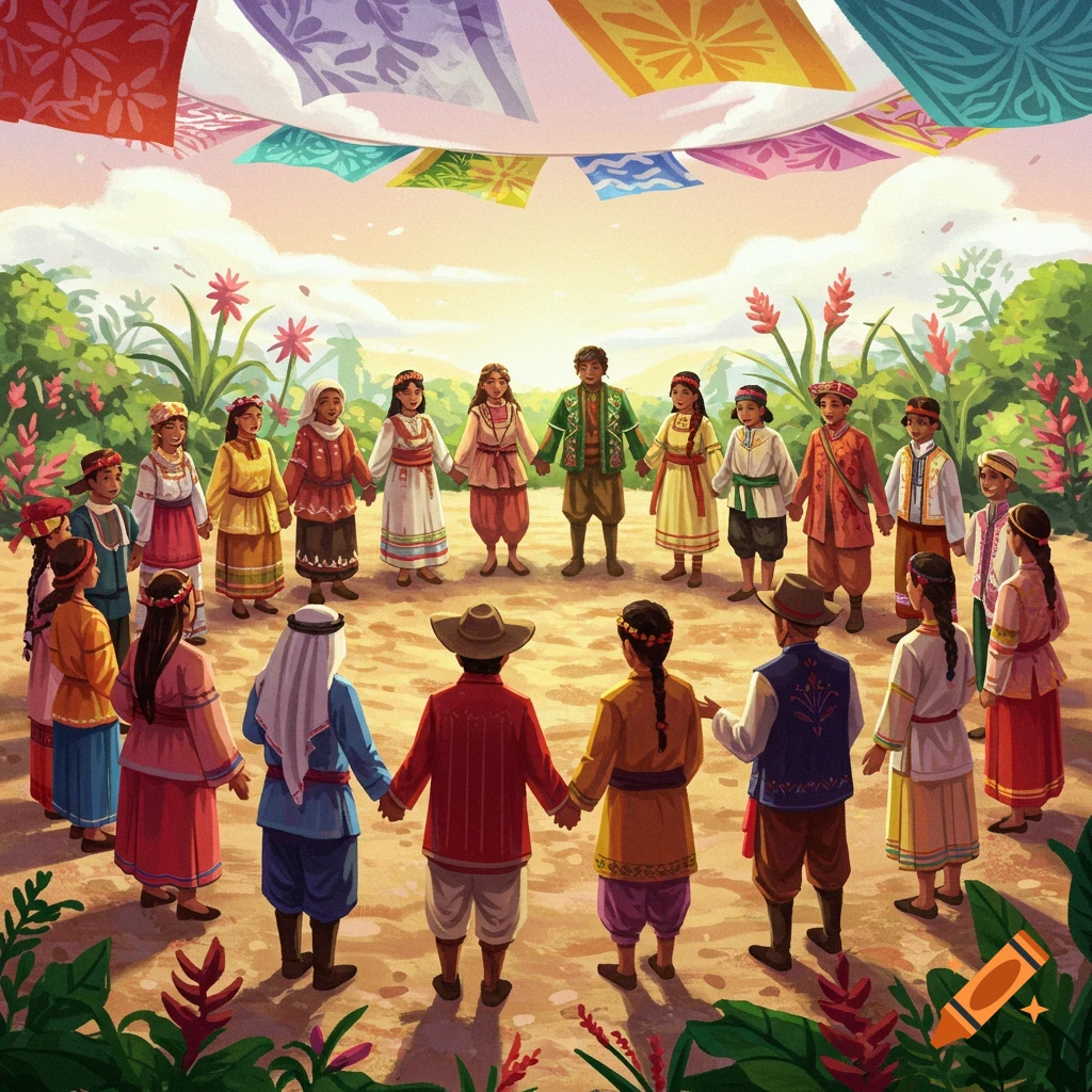 Illustrative painting of a diverse group of people in traditional clothing holding hands in a circle under festive banners.