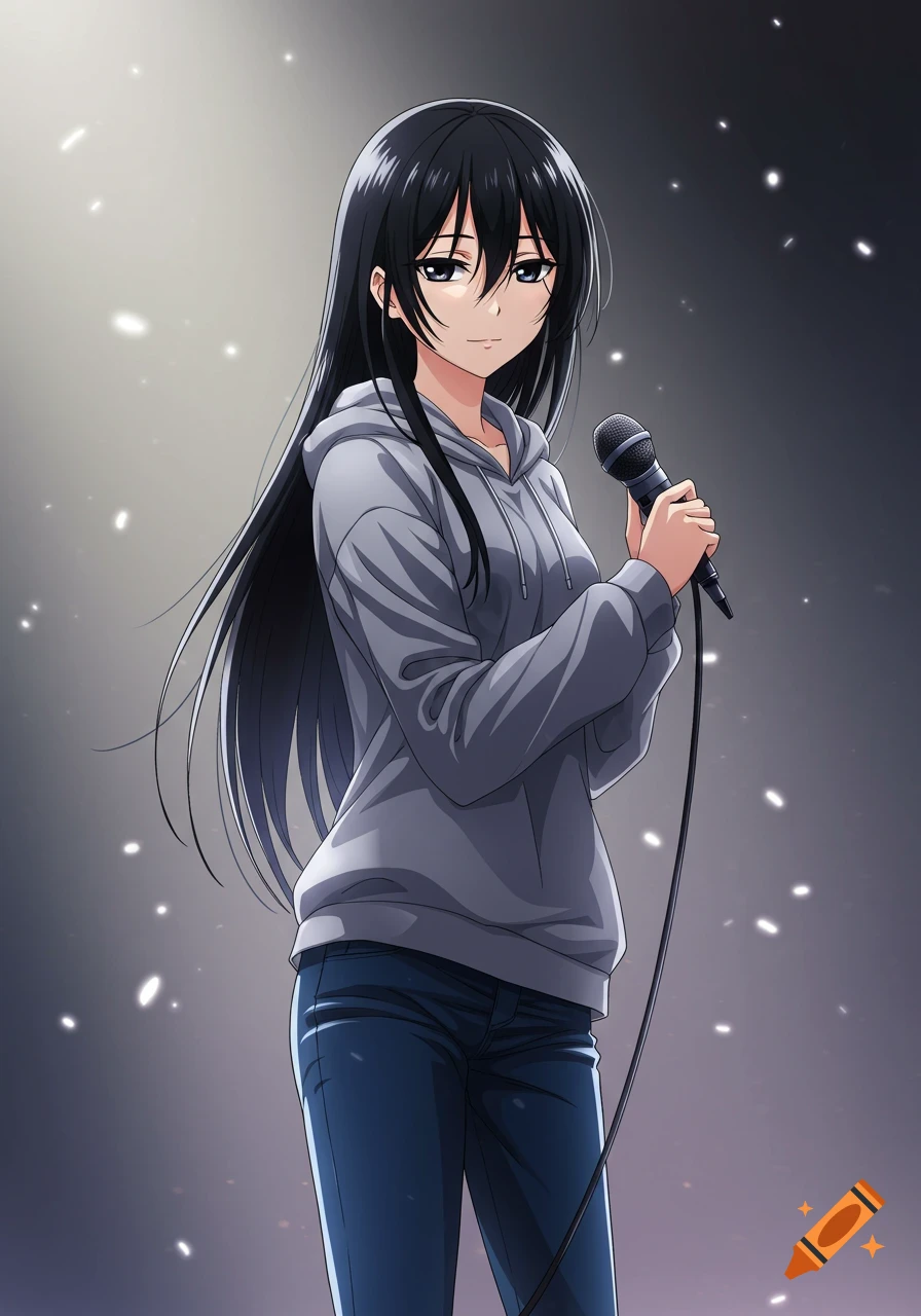 An anime girl with long black hair, wearing a gray hoodie and blue jeans, holds a microphone on a dimly lit stage.