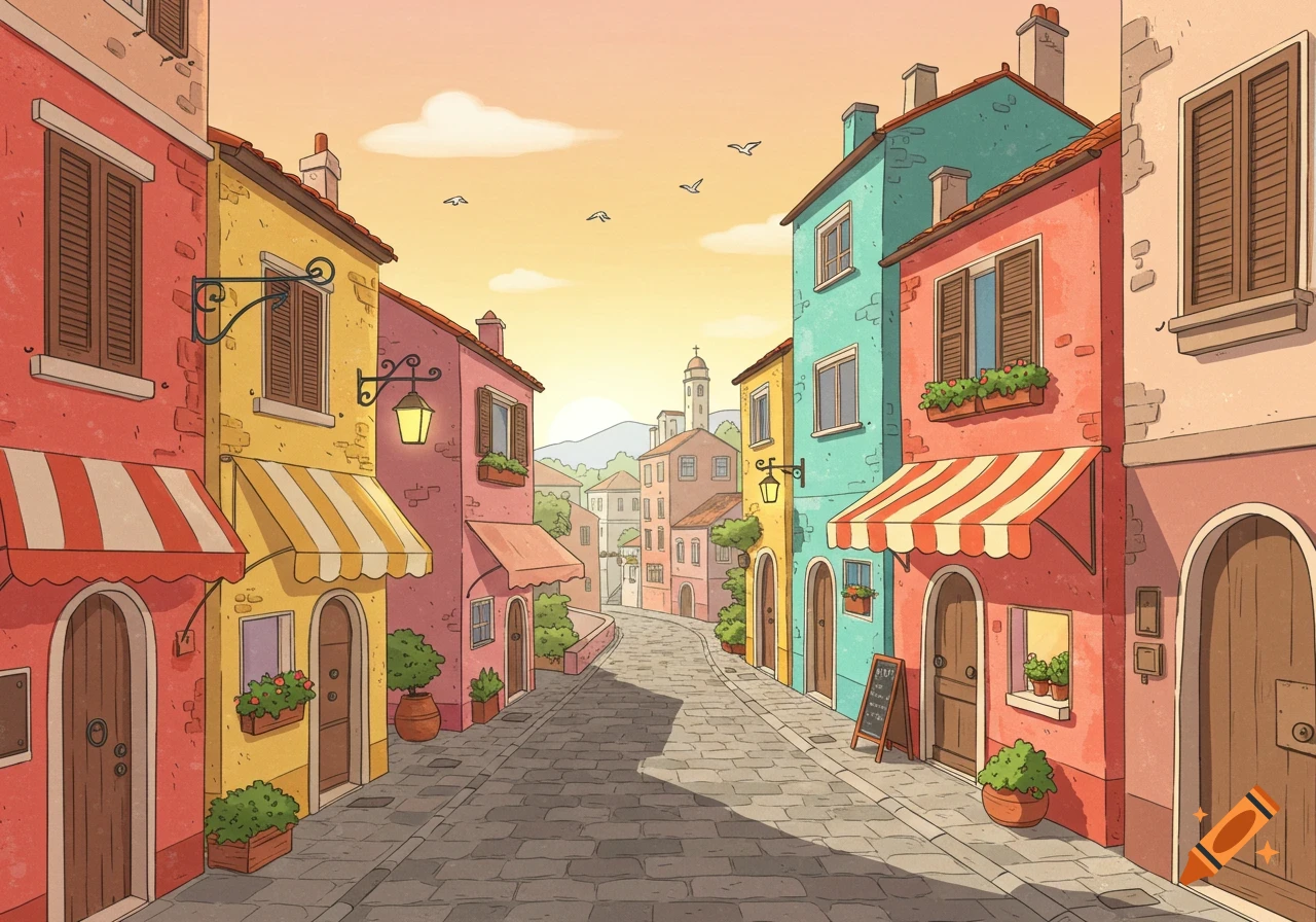 Cartoon Italian village street at sunrise, with colorful houses, cobblestones, and striped awnings under a warm, soft pastel sky.