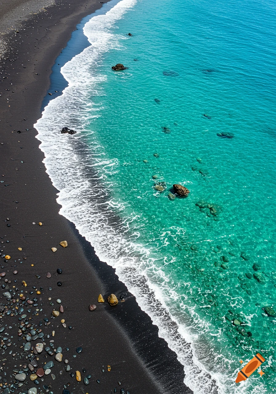 Aerial view of a black sand beach with turquoise ocean water. White foamy waves break on the shore, and colorful pebbles are scattered on the sand.