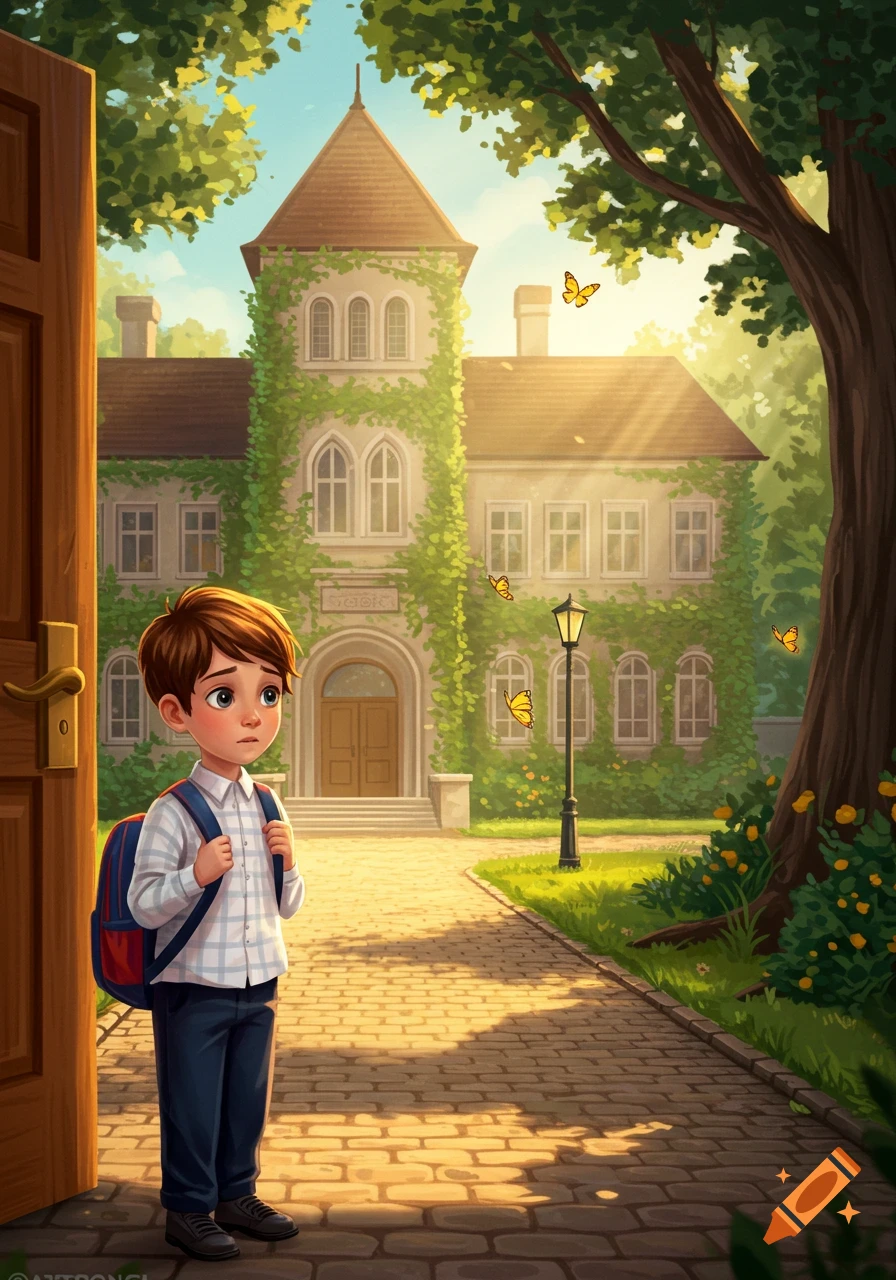 A nervous boy with a backpack stands at the open door, looking at an ivy-covered school on a sunny morning.