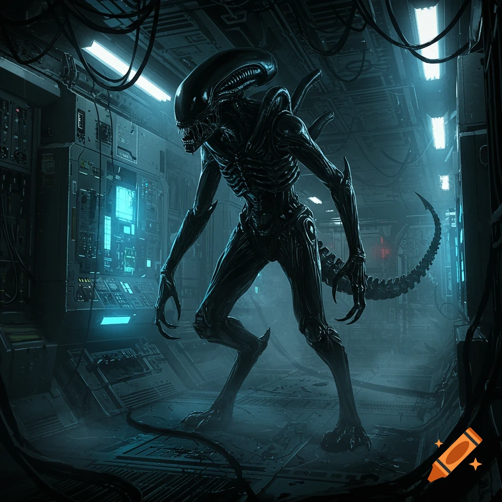 A detailed, dark image of a Xenomorph standing in a dimly lit, futuristic, industrial spacecraft corridor.