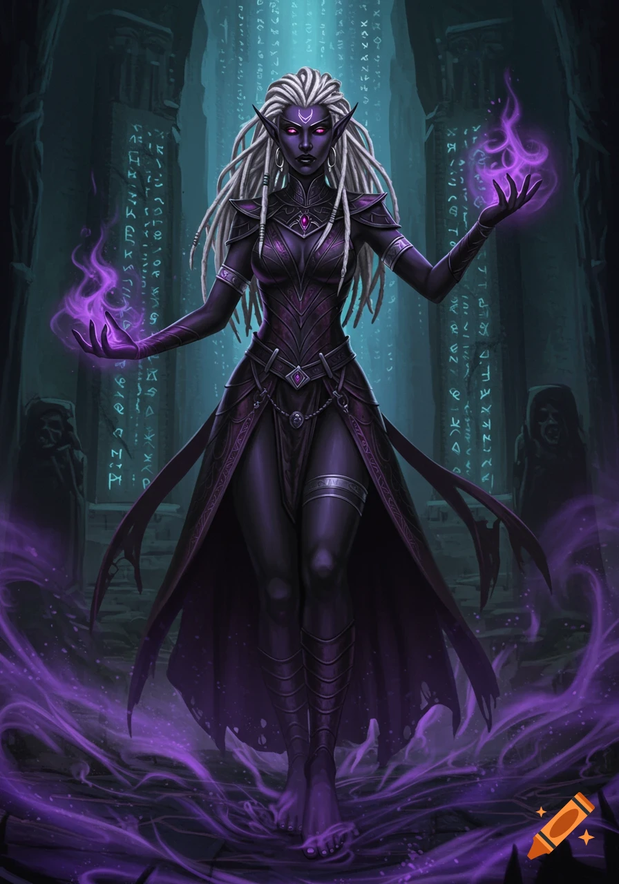 A dark-skinned female Drow priestess with white dreadlocks, glowing purple eyes, and ornate dark armor, casting magic in ruins.