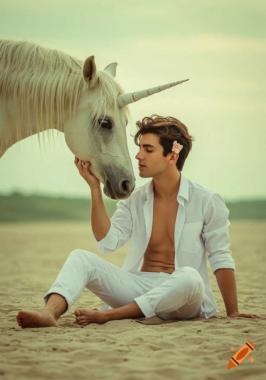A man in an open white shirt and white pants sits on a sandy beach, gently touching a white unicorn's nose. Photorealistic.