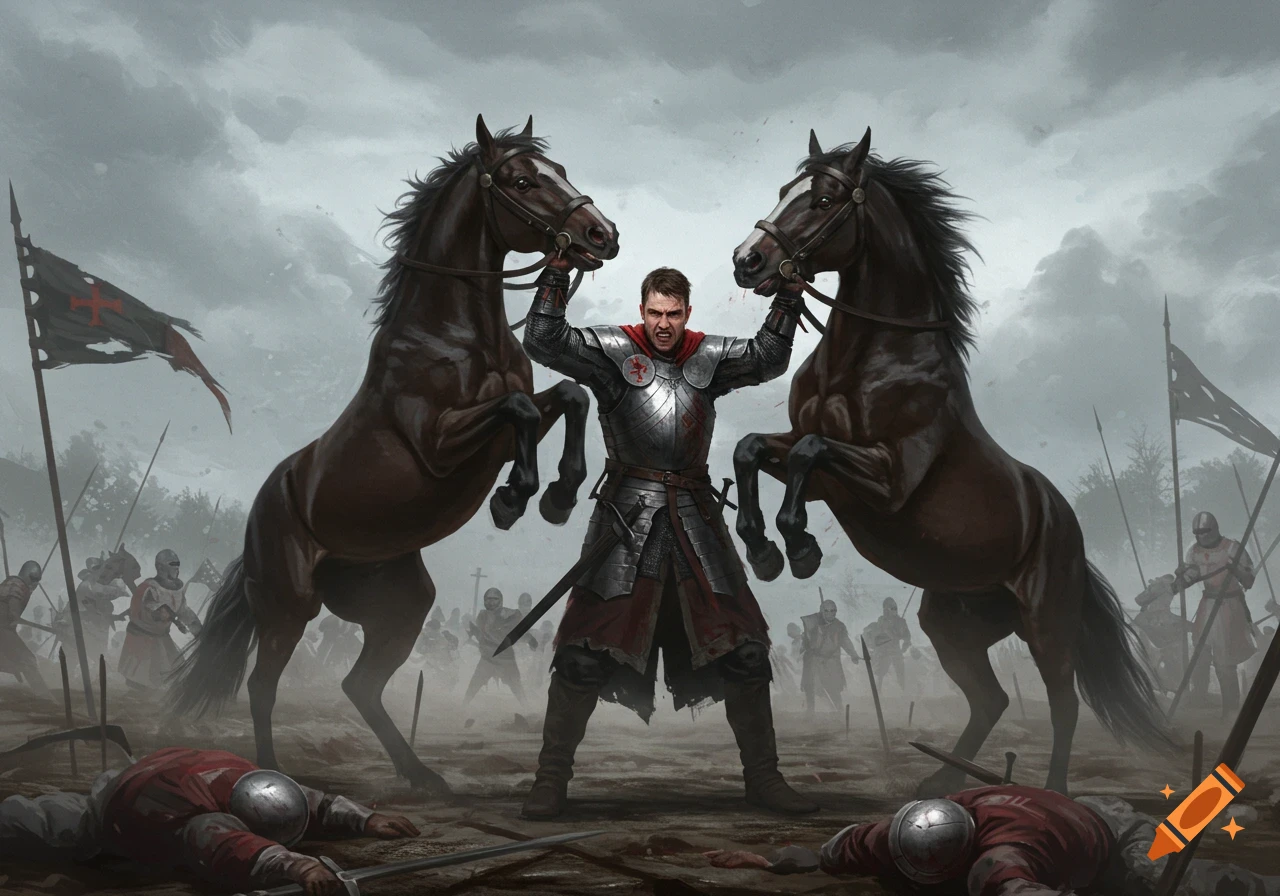 Armored knight holding the mouths of two rearing horses on a desolate battlefield with fallen soldiers under a cloudy sky, digital painting.