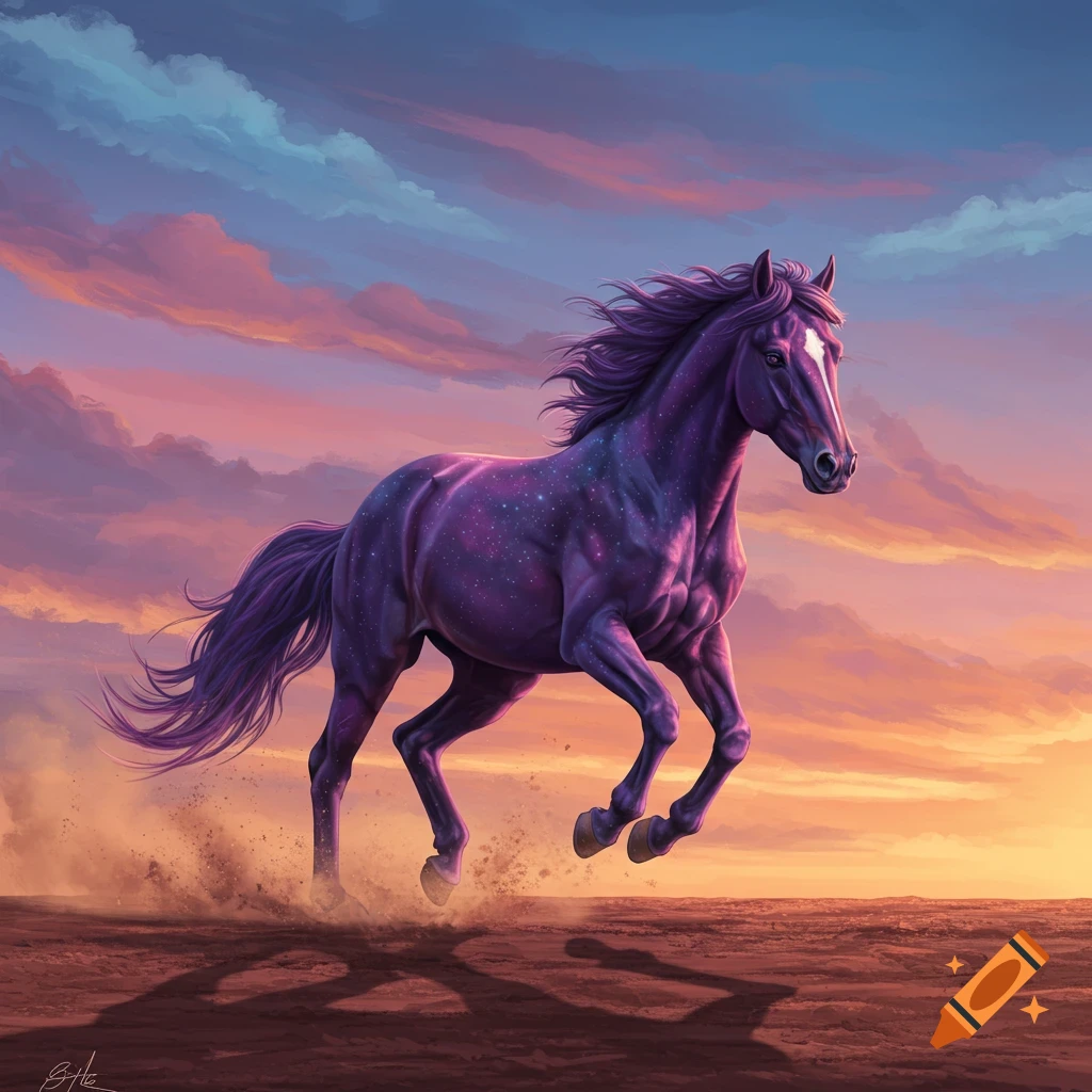 A majestic purple horse with a starry body gallops through a dusty landscape under a vibrant sunset sky, digital art.