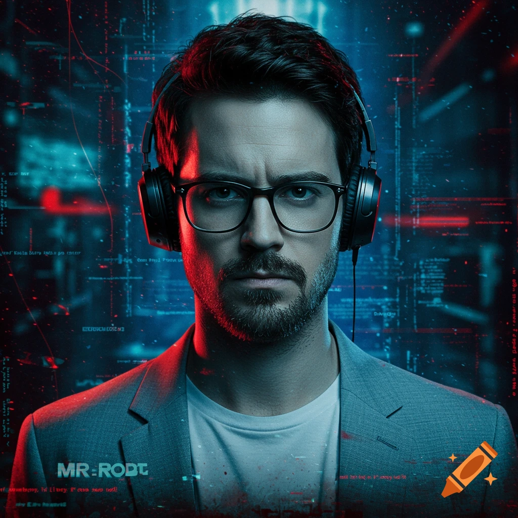 A focused man with a beard, glasses, and headphones in a gray blazer and white t-shirt, against a dark blue and red cyberpunk background with digital code.