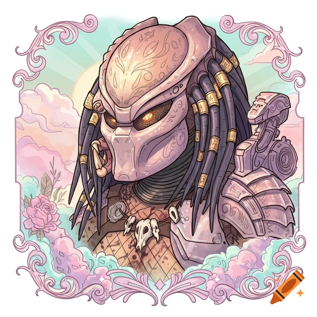 Stylized Predator (Yautja) illustration in a pastel neo-traditional tattoo style, framed by decorative scrolls, clouds, and roses.