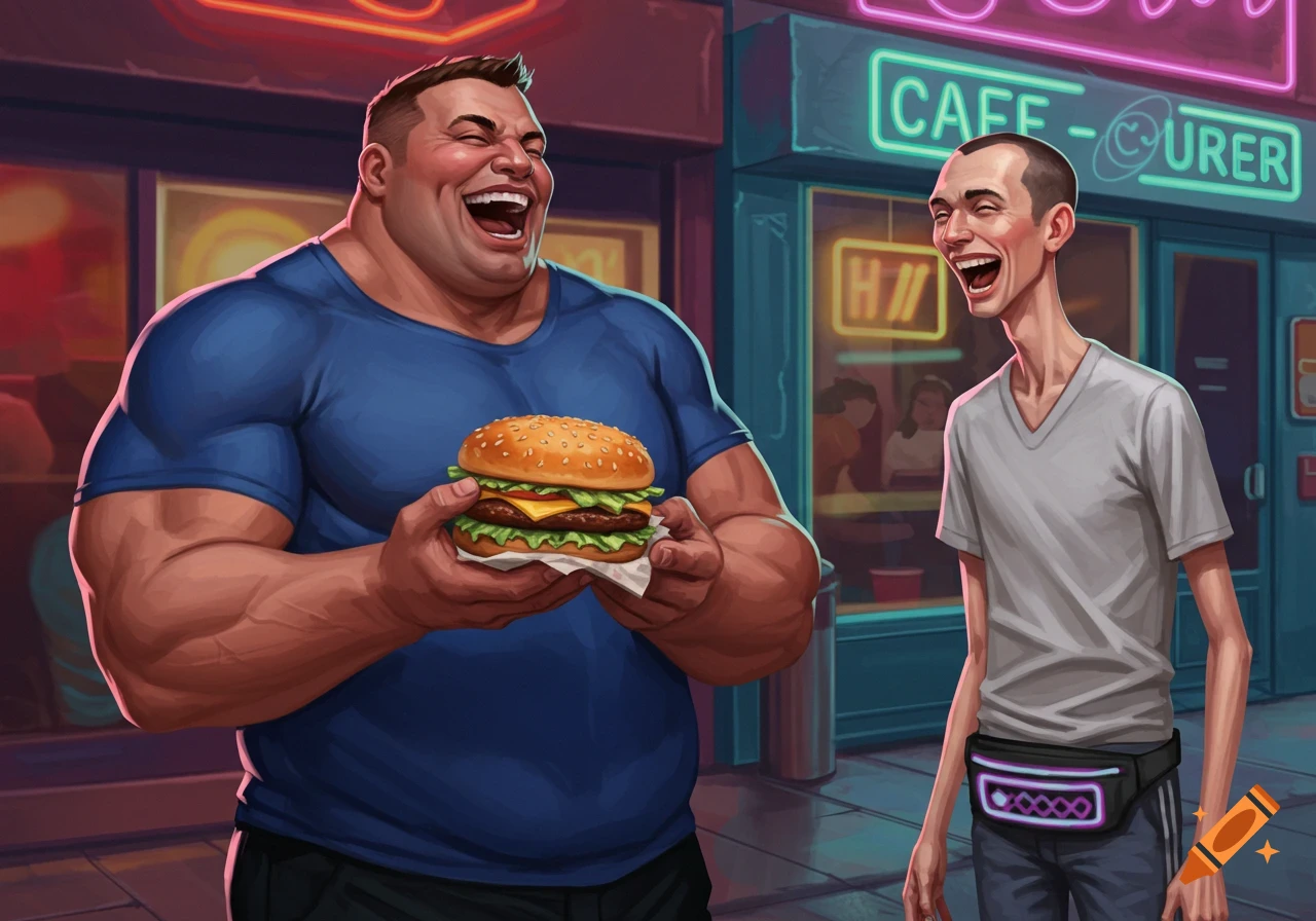 A muscular man holding a burger laughs heartily next to a very skinny man, in a vibrant cartoon style.