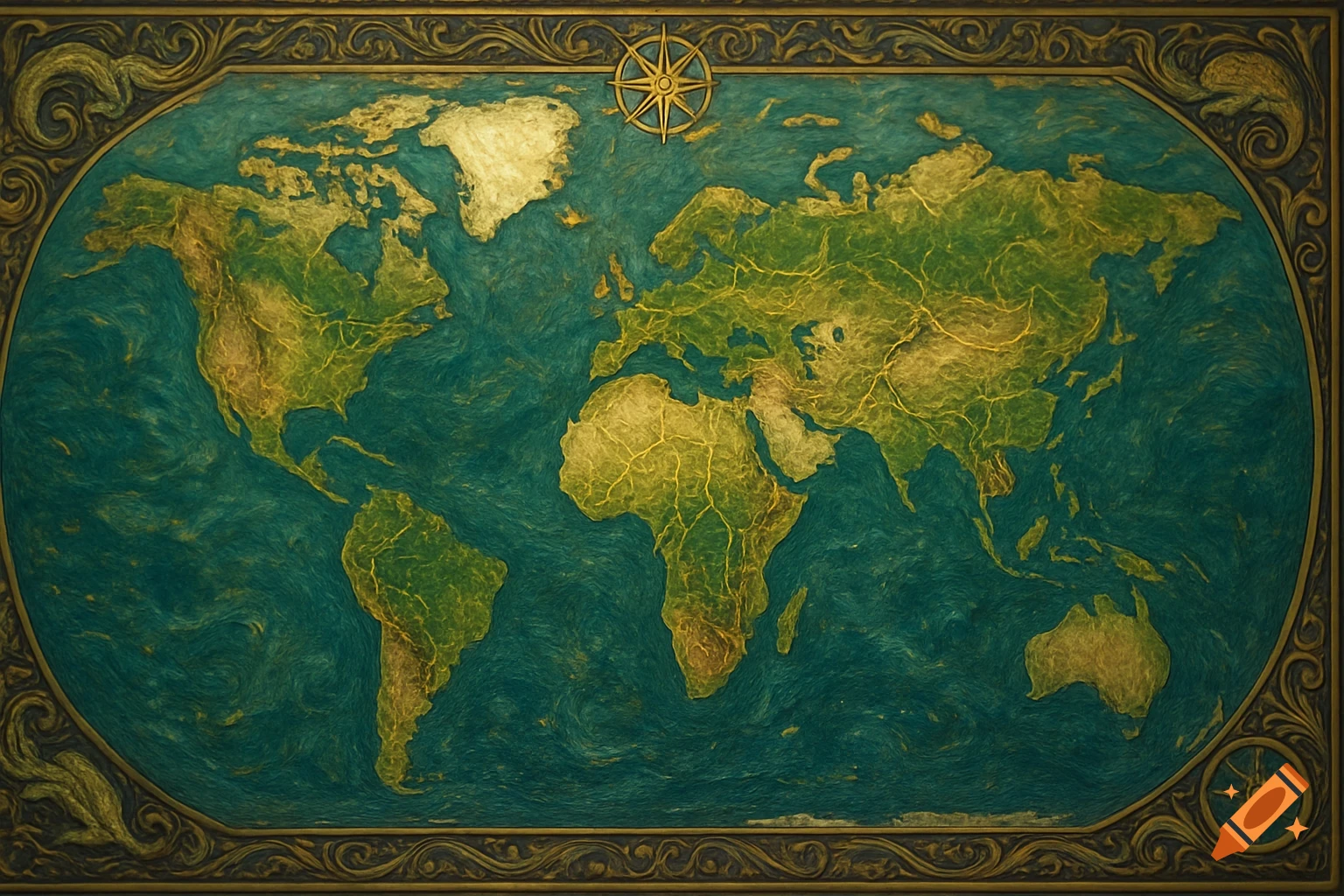 An ornate, vintage-style world map with green and gold continents on a deep teal textured ocean, framed by decorative borders.