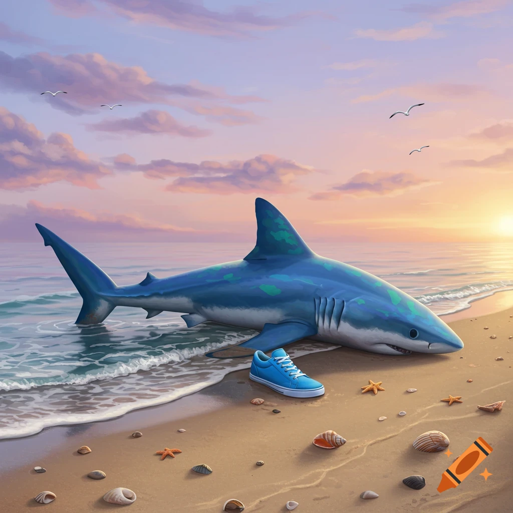 A blue shark lies partially in the ocean on a sandy beach next to a blue sneaker at sunset, with birds flying overhead.