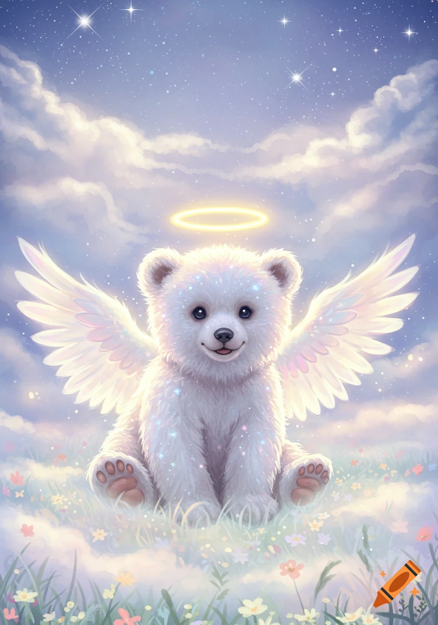 Fluffy white angel baby bear with iridescent wings and a halo sitting in a field of colorful flowers under a starry sky.
