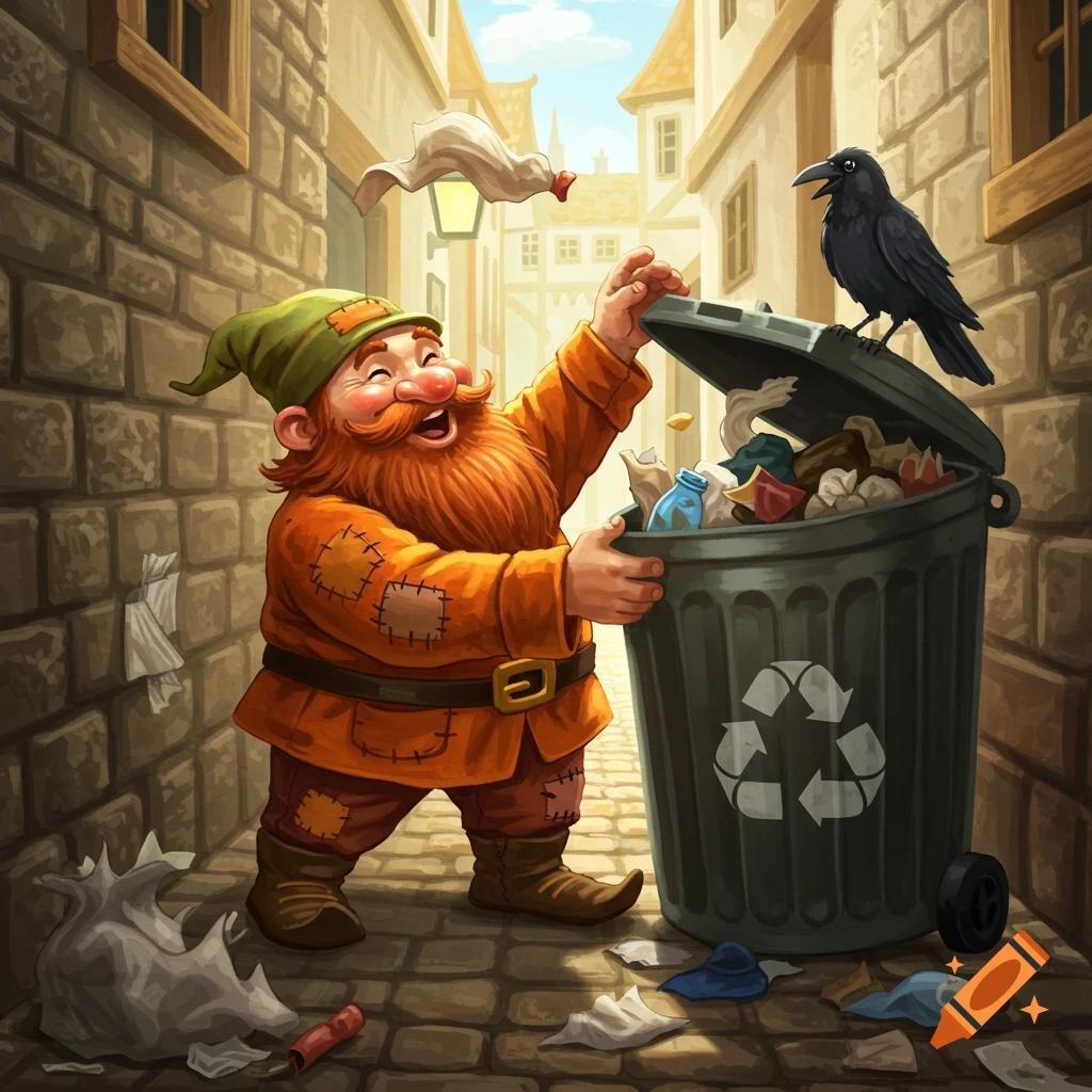 A joyful cartoon dwarf with an orange beard and green hat puts trash into a recycling bin in an alley, watched by a crow.
