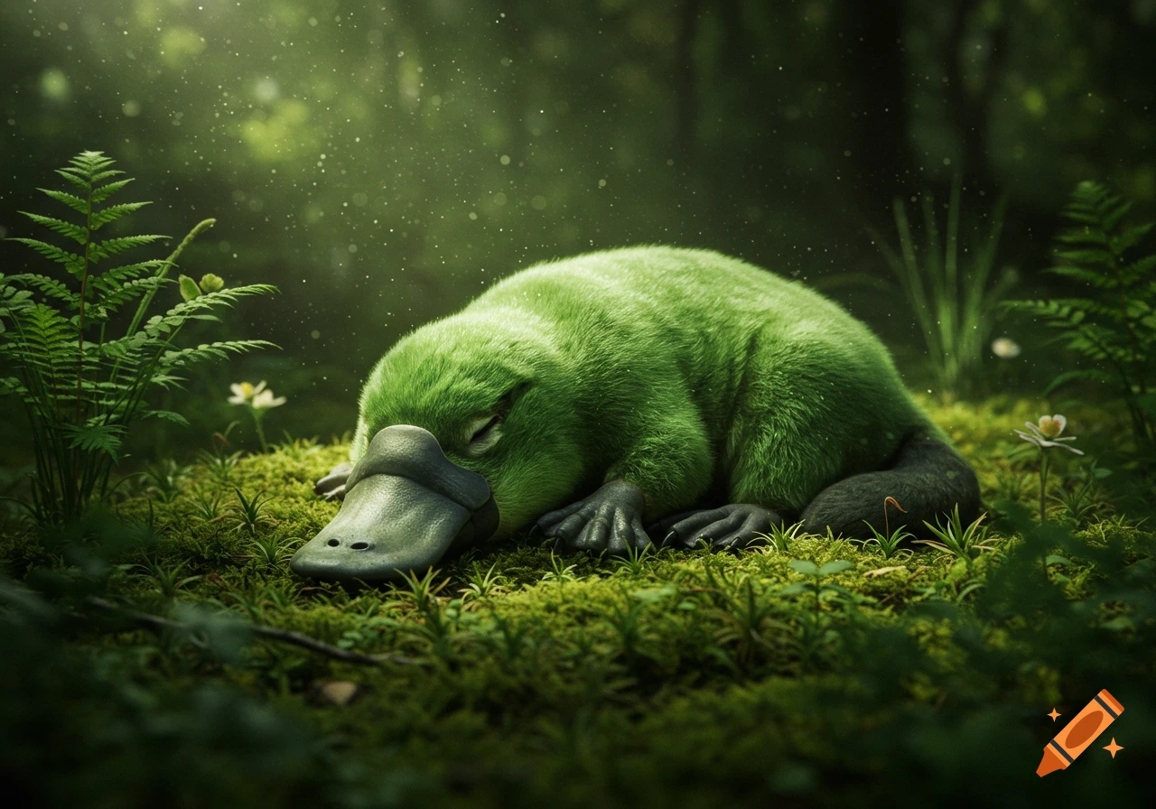 A realistic green baby platypus sleeps peacefully on a mossy forest floor amidst lush greenery.