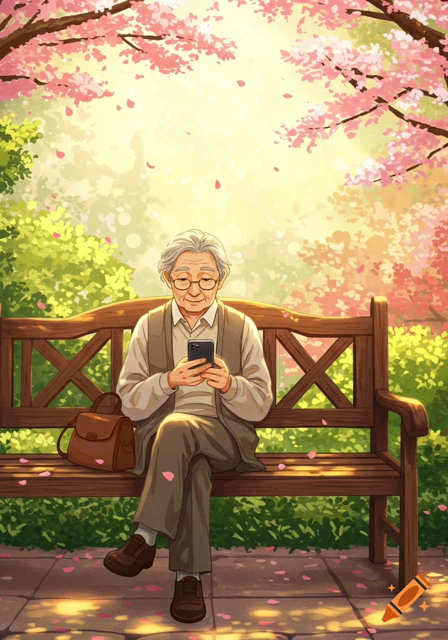 An elderly person sits on a park bench surrounded by pink cherry blossoms, looking at a smartphone in an illustrative style.