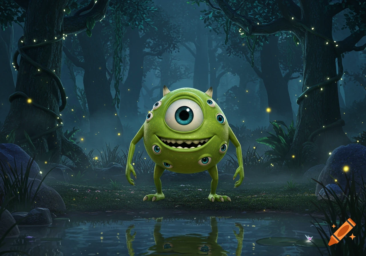 A green, multi-eyed Mike Wazowski-like monster stands smiling in a dark, glowing fantasy forest, reflected in water.