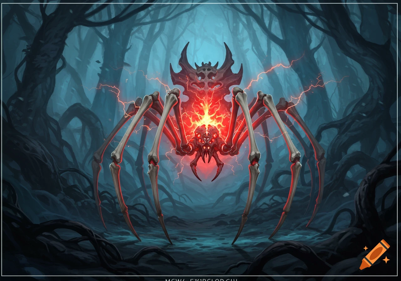 A red glowing skeletal spider with multiple eyes stands in a dark, gnarled forest, surrounded by red lightning. Stylized art.
