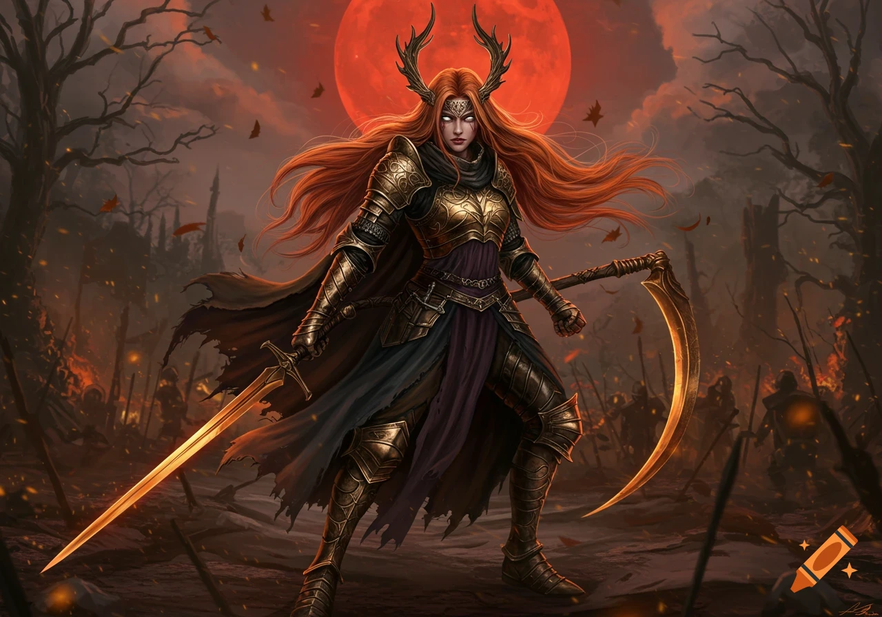 Red-haired female warrior in golden armor with antlers, holding a glowing sword and scythe, stands in a fiery battlefield under a red moon.