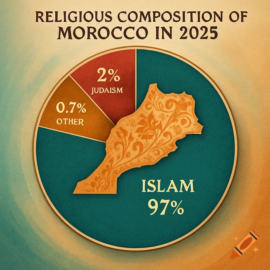 A stylized pie chart showing the religious composition of Morocco in 2025, with Islam at 97%, Judaism at 2%, and Other at 0.7%.