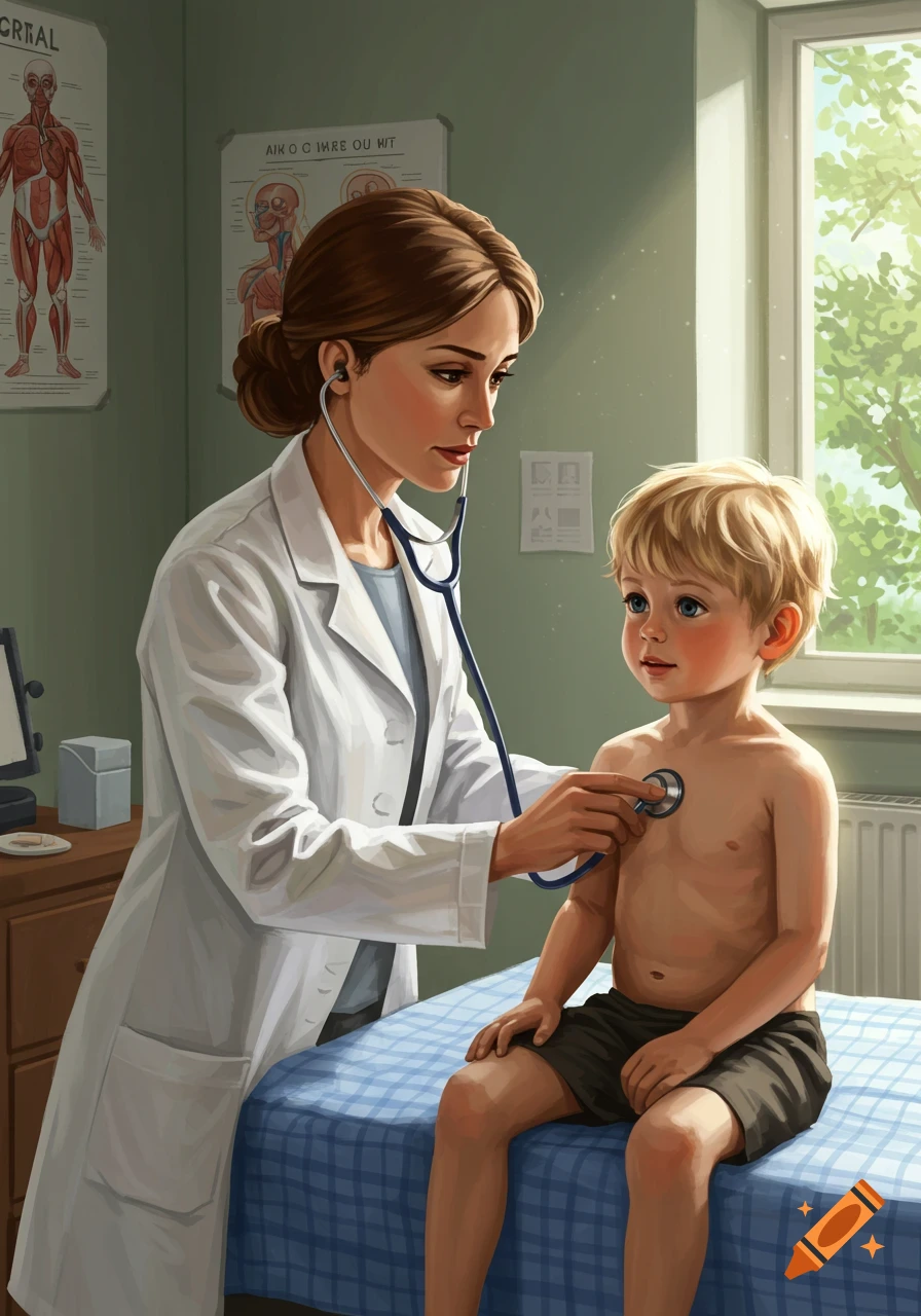 A female doctor in a white coat examines a shirtless young boy with a stethoscope in a bright doctor's office.