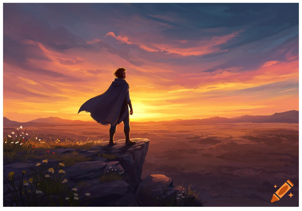 A lone figure in a flowing cape stands on a rocky cliff, gazing at a vibrant sunset over a misty landscape.