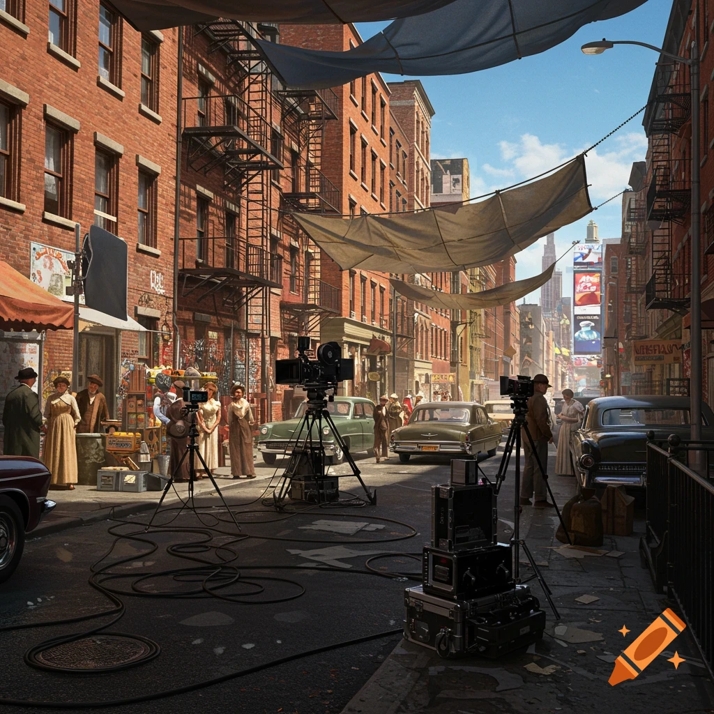 Photorealistic image of a vintage film set on a busy brick-lined city street, with a crew, actors in period clothing, and classic cars.