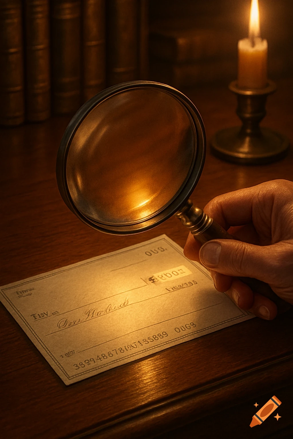 A hand holds a magnifying glass over an old-fashioned check on a wooden desk, illuminated by a candle. Books are in the blurred background.