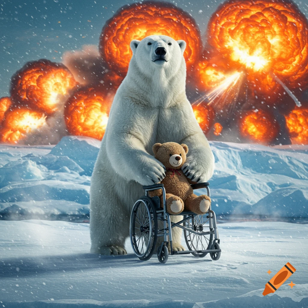 A photorealistic polar bear gently pushes a teddy bear in a wheelchair across a snowy landscape, with massive explosions in the background.