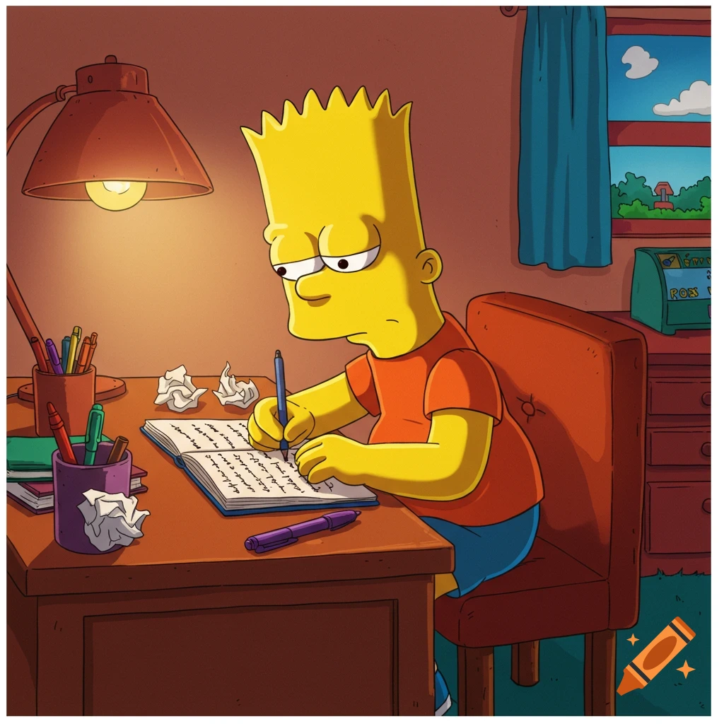 Bart Simpson, looking tired, studies at a wooden desk, writing in a notebook under a desk lamp in his room.