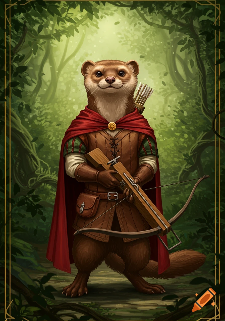 A detailed fantasy illustration of a smiling weasel in a red cape and brown medieval outfit, holding a crossbow in a green forest.