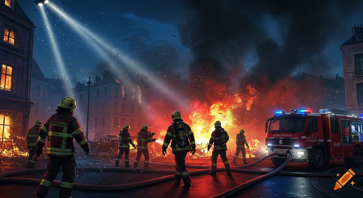 Photorealistic illustration of firefighters battling a massive fire in a city street at night, with a fire truck and burning buildings.