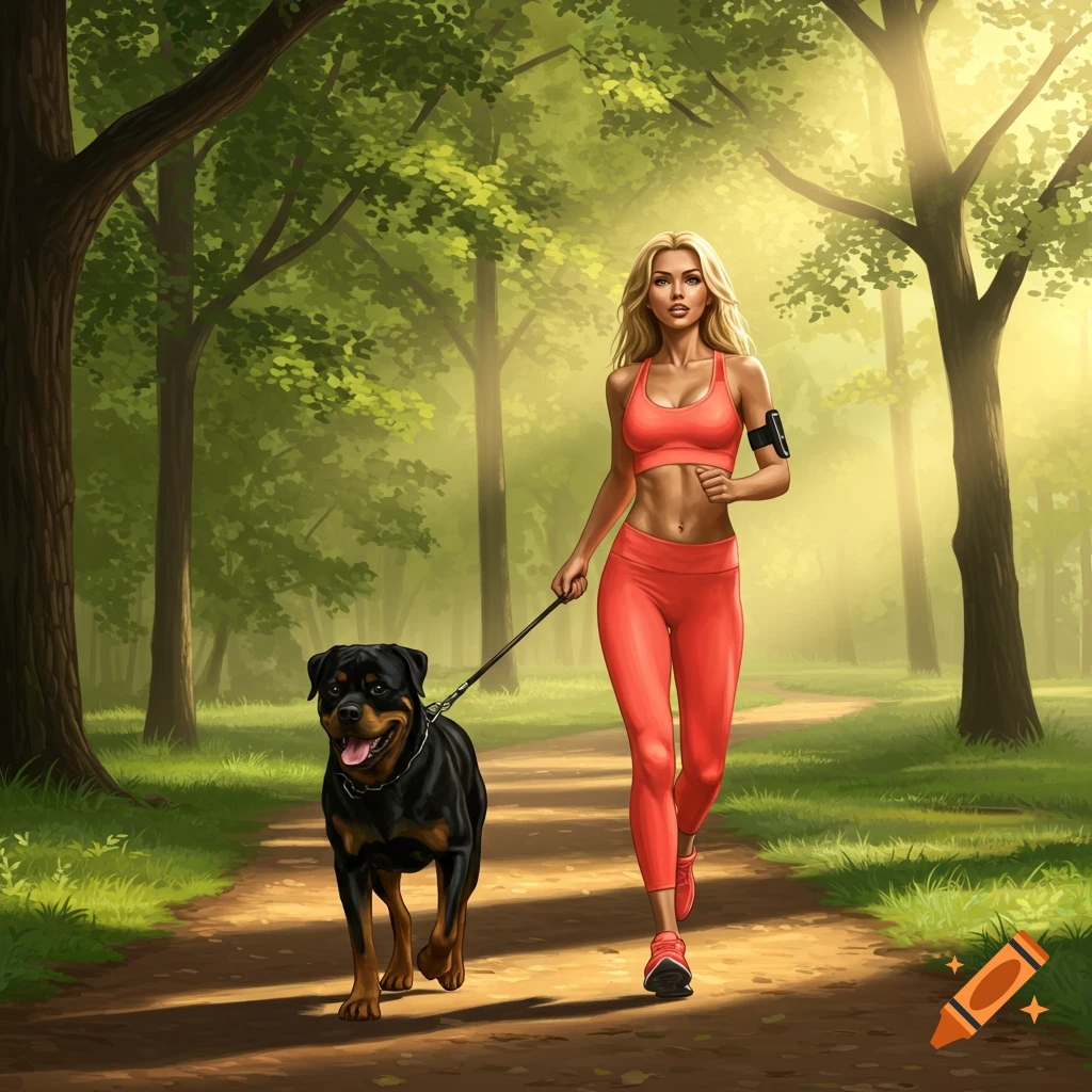 A blonde woman in red activewear runs with her Rottweiler on a sunny, wooded path.