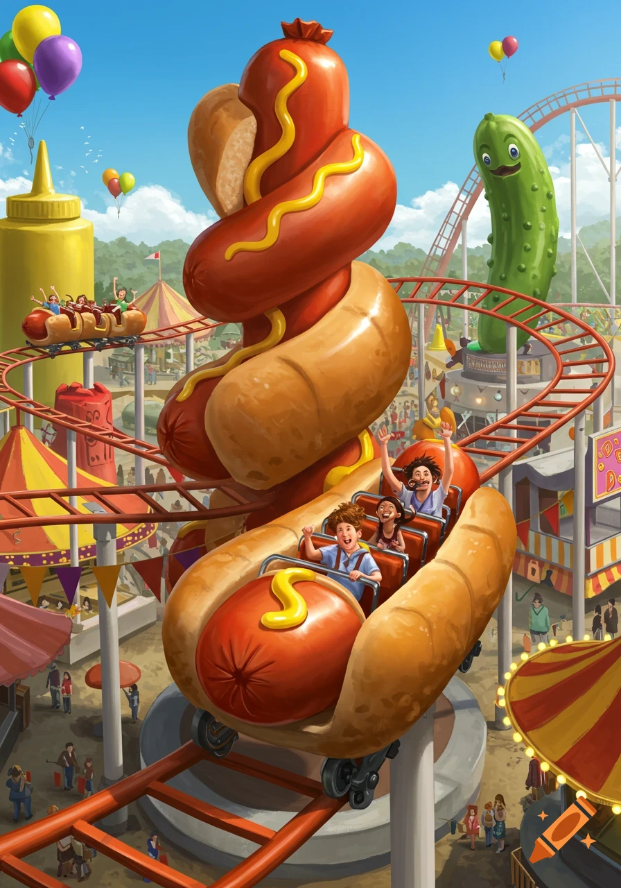 A whimsical amusement park scene featuring a hot dog-shaped rollercoaster with riders, a giant twisted hot dog sculpture, and a smiling pickle character.