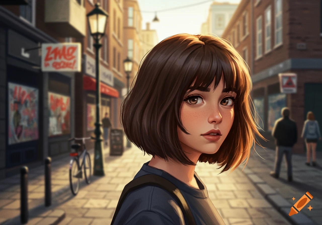 A stylized illustration of a brown-haired teen girl with bangs looking over her shoulder on a sunny city street.