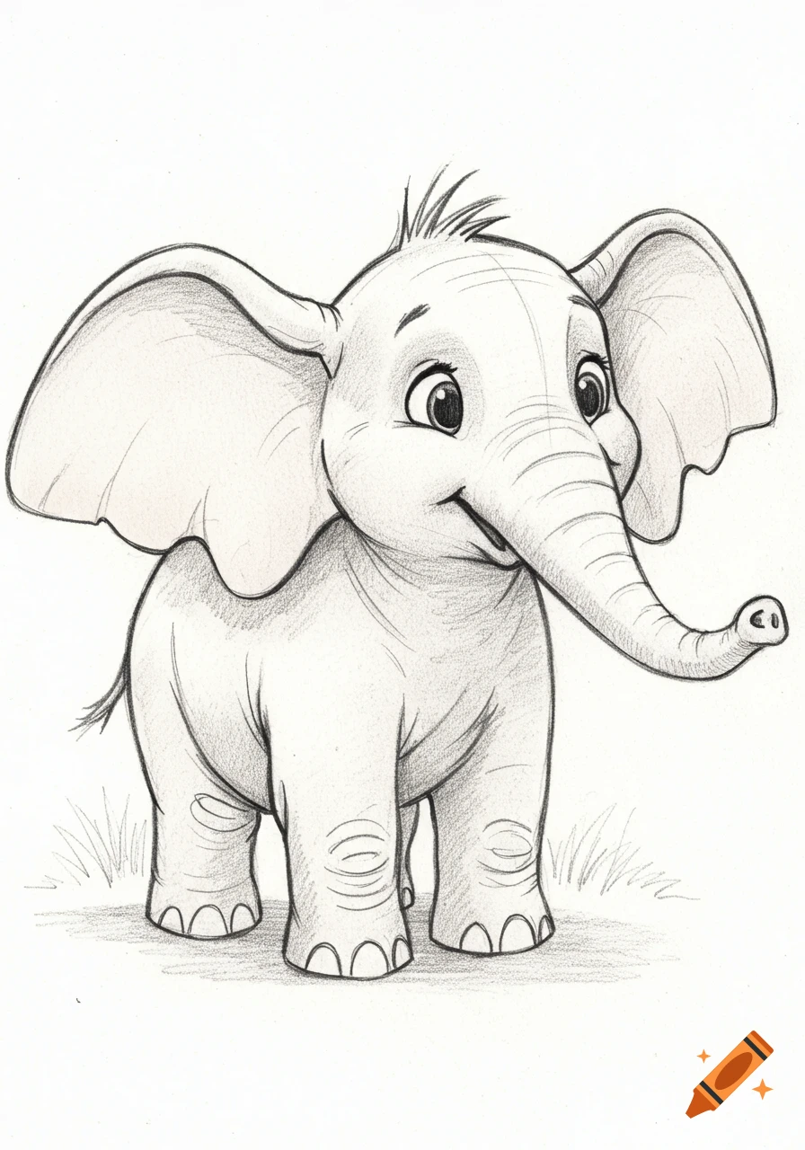 Pencil line drawing of a cute, smiling baby elephant with its trunk curled, standing in grass in a cartoon style.