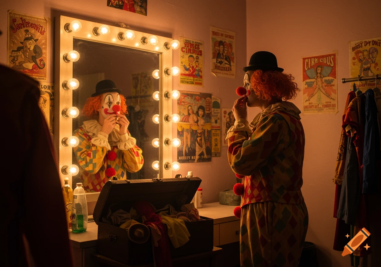 A clown with orange hair and full makeup, wearing a colorful harlequin suit, puts on a red nose in a brightly lit dressing room mirror.