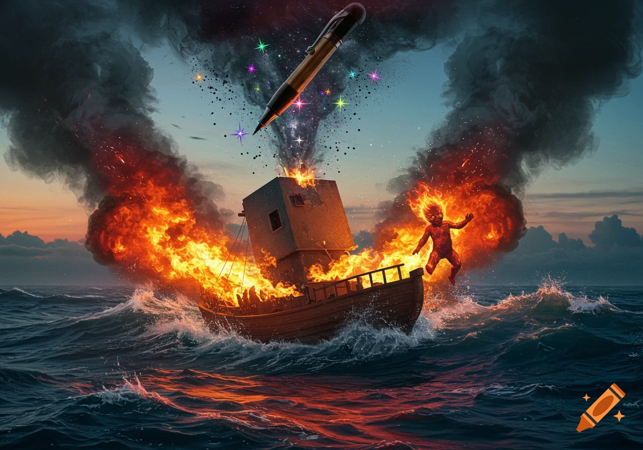 A burning boat on a stormy sea with a fire creature leaping from it, and a magical pen exploding with stars above.