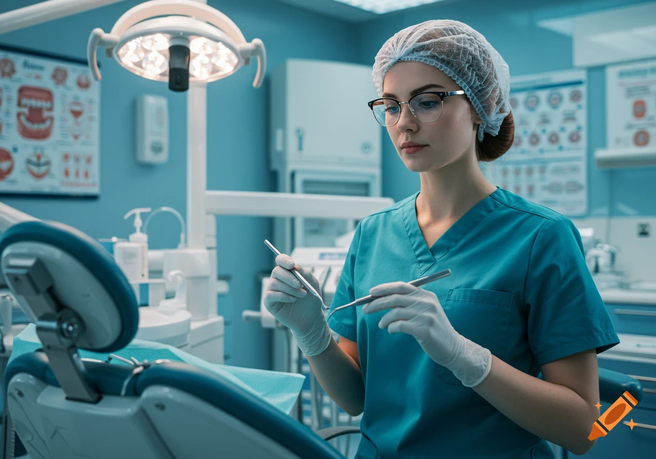 A dental assistant wearing glasses, scrubs, and a hair net holds instruments in a modern dental office. Photorealistic style.