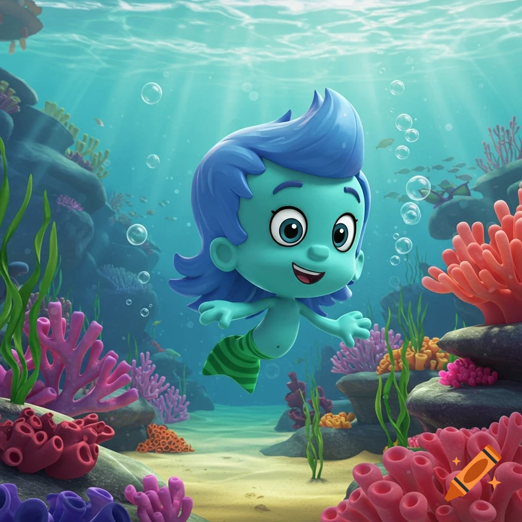 A cartoon mermaid character with blue hair and a green tail swims among colorful coral in a bright underwater scene.