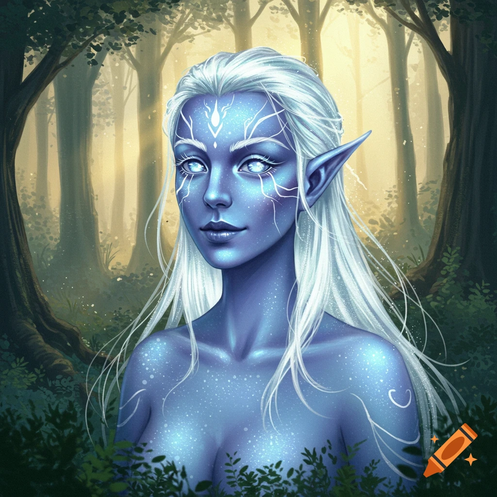 A blue-skinned elf with long white hair, glowing eyes, and luminous markings stands in a forest, digital painting.