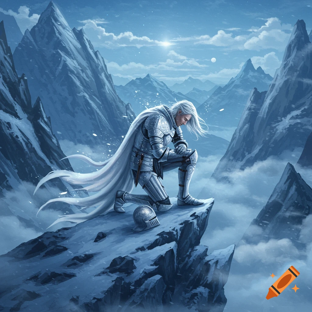 White-armored knight kneels on a snowy mountain peak overlooking a vast range under a moonlit sky. Digital painting.