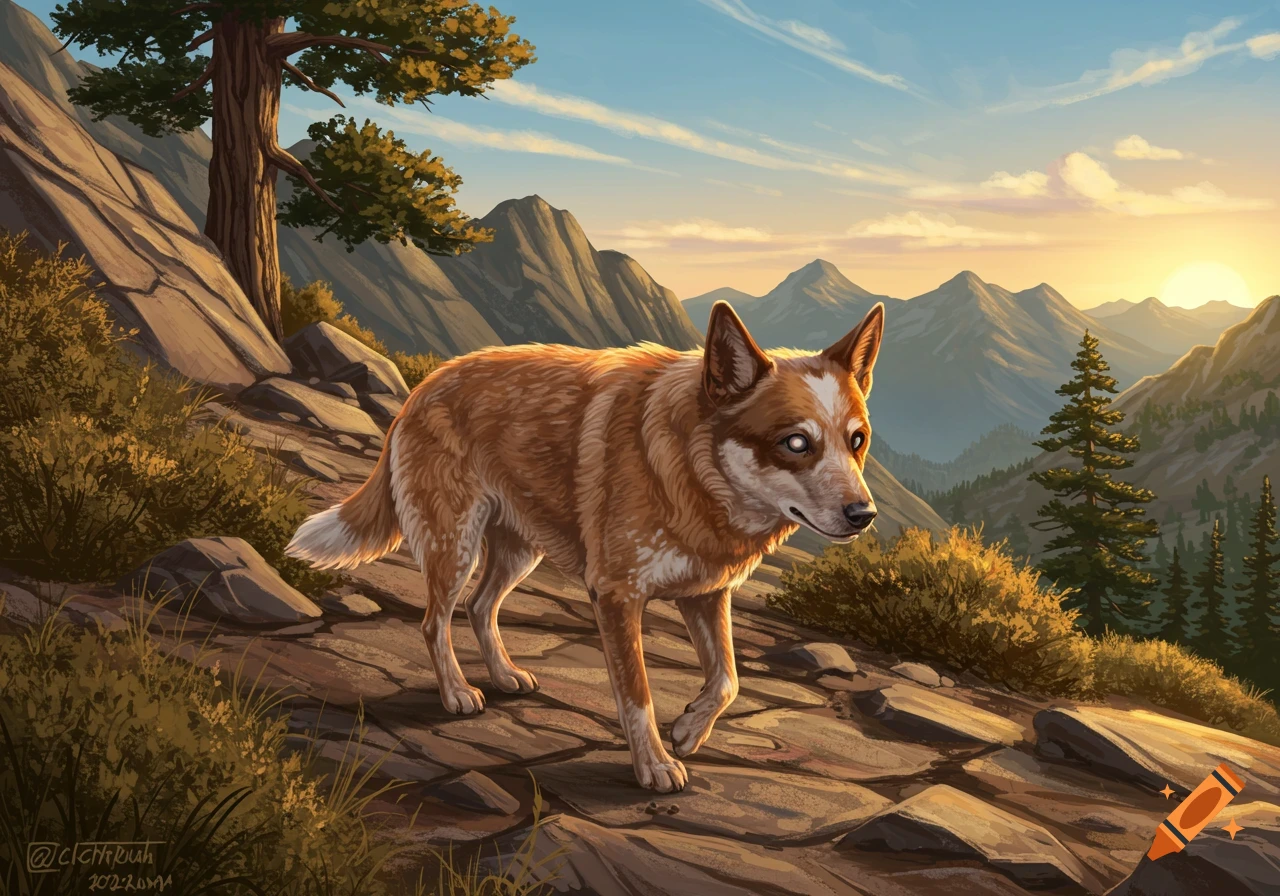 Digital painting of a blind Queensland Red Heeler dog walking on a rocky mountain path at sunset.