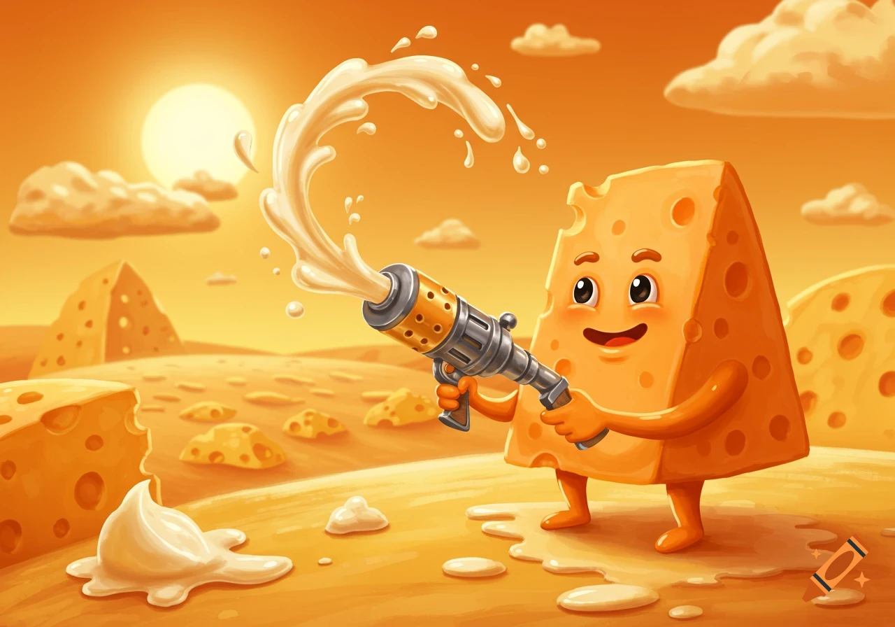 A smiling cartoon cheese slice holds a cheese gun, shooting a creamy substance in a cheesy landscape under an orange sky.