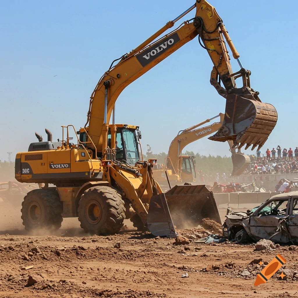 Yellow Volvo excavators crush cars in a dusty demolition derby watched by spectators, photorealistic.
